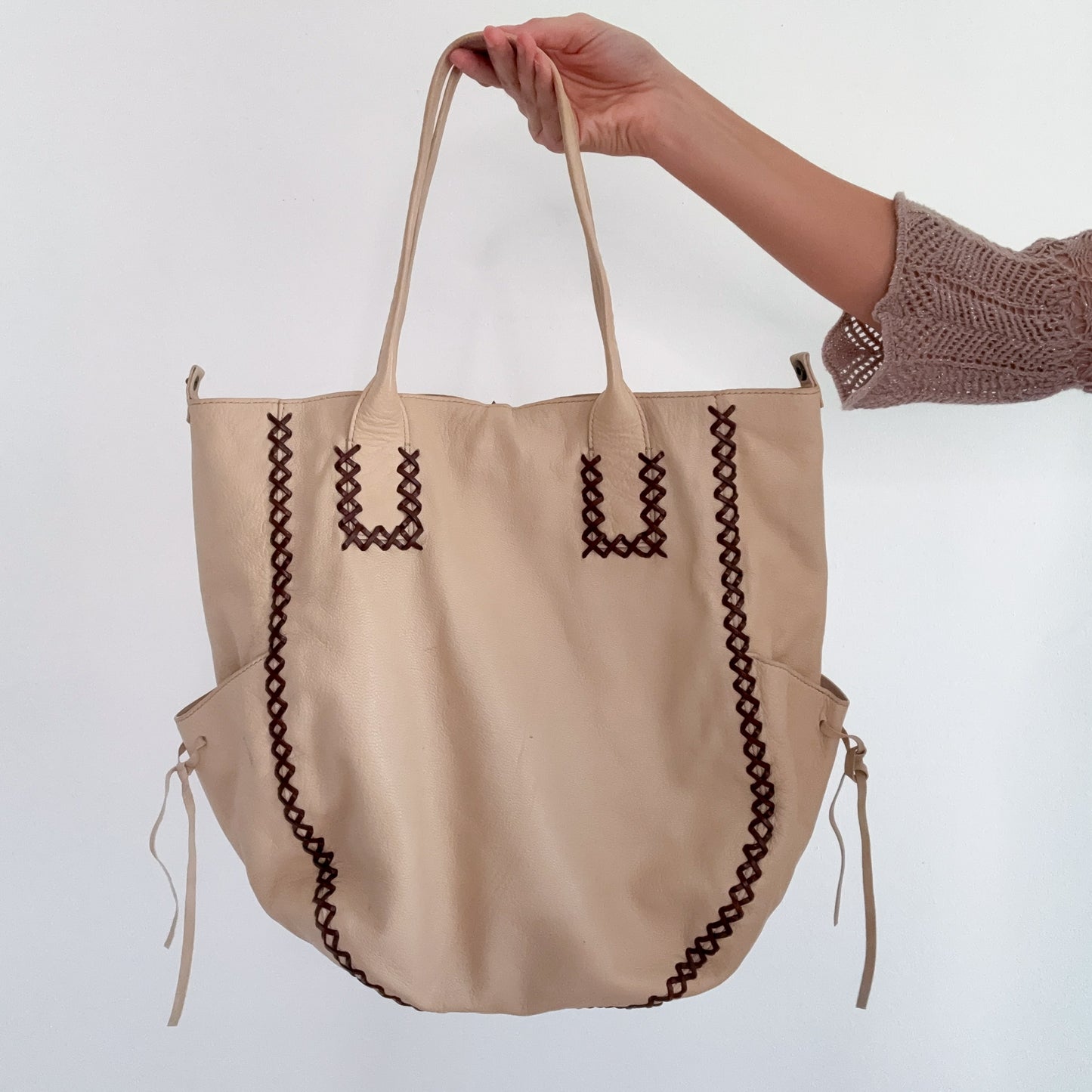 Y2K Cream & Brown Lace Up Leather Handbag