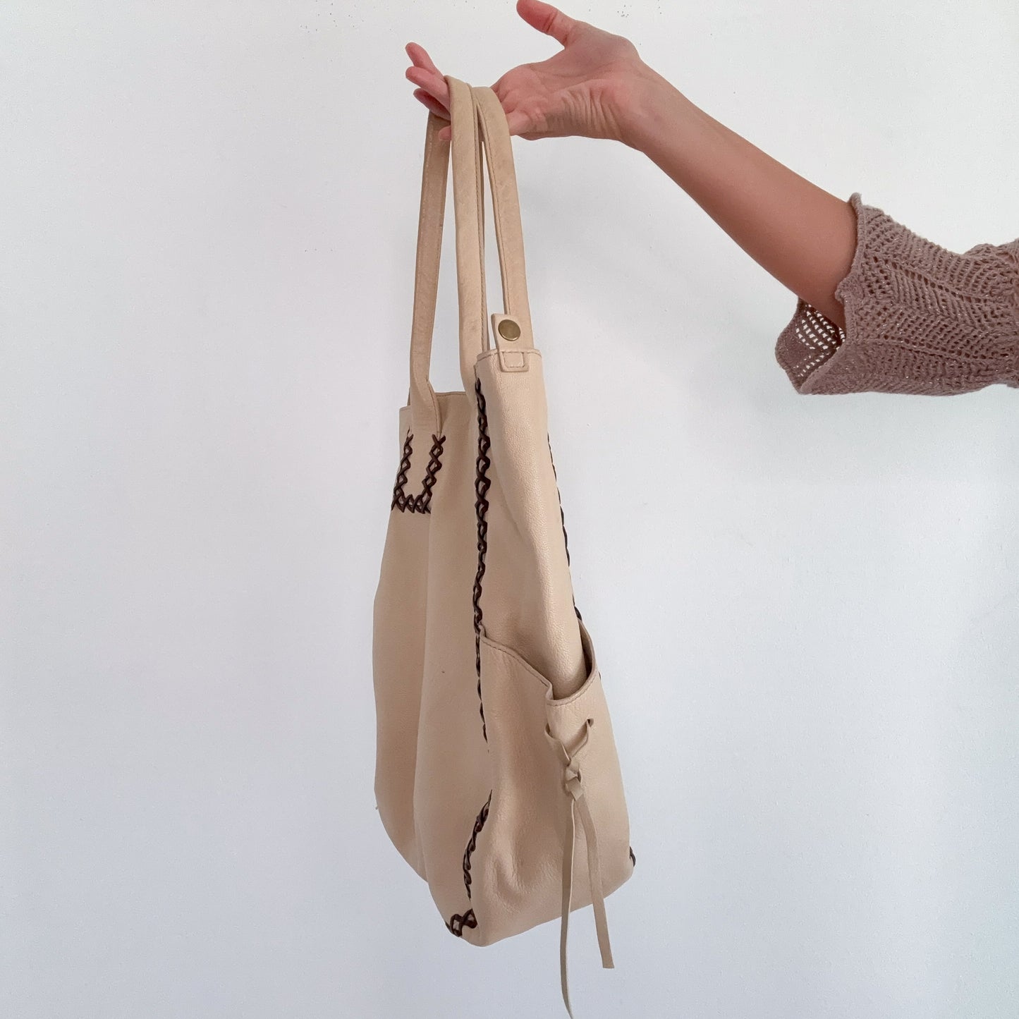 Y2K Cream & Brown Lace Up Leather Handbag