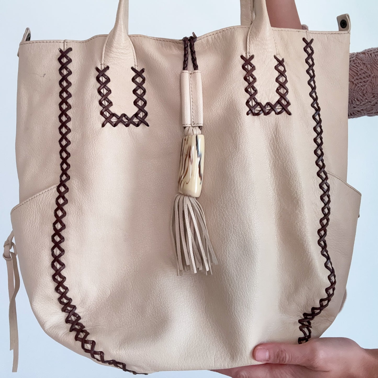 Y2K Cream & Brown Lace Up Leather Handbag