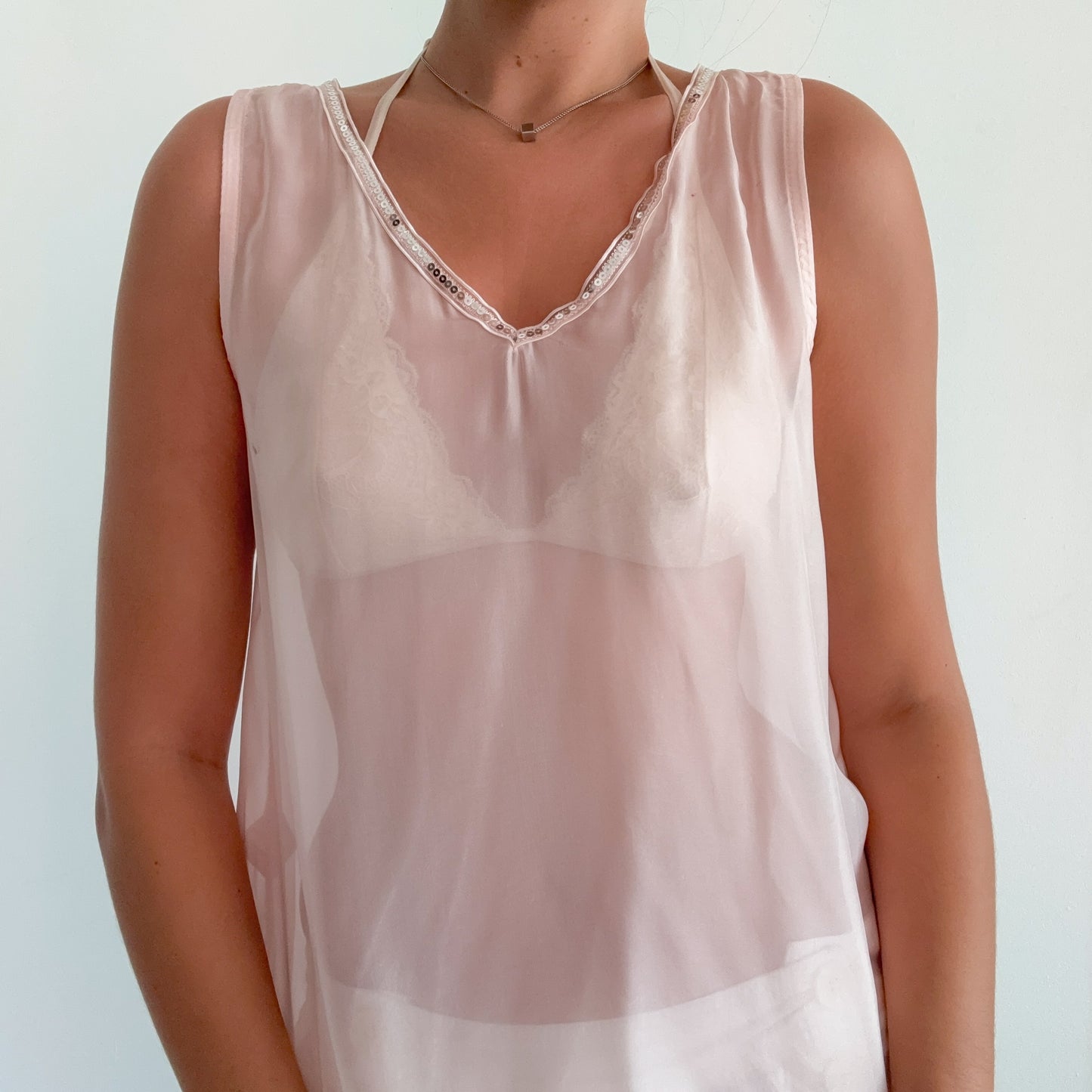 Italian Baby Pink Silk Sheer Sequin Top / SZ S