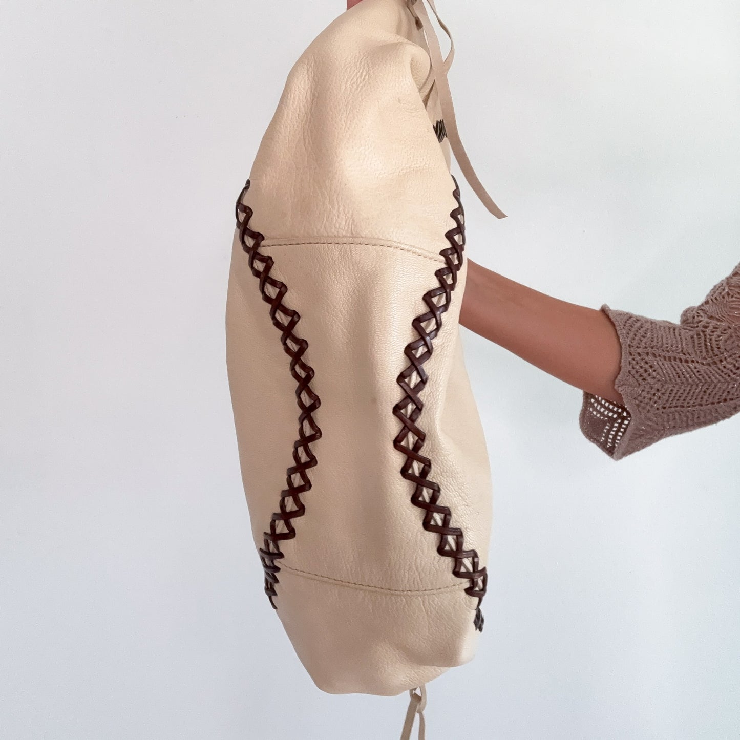 Y2K Cream & Brown Lace Up Leather Handbag
