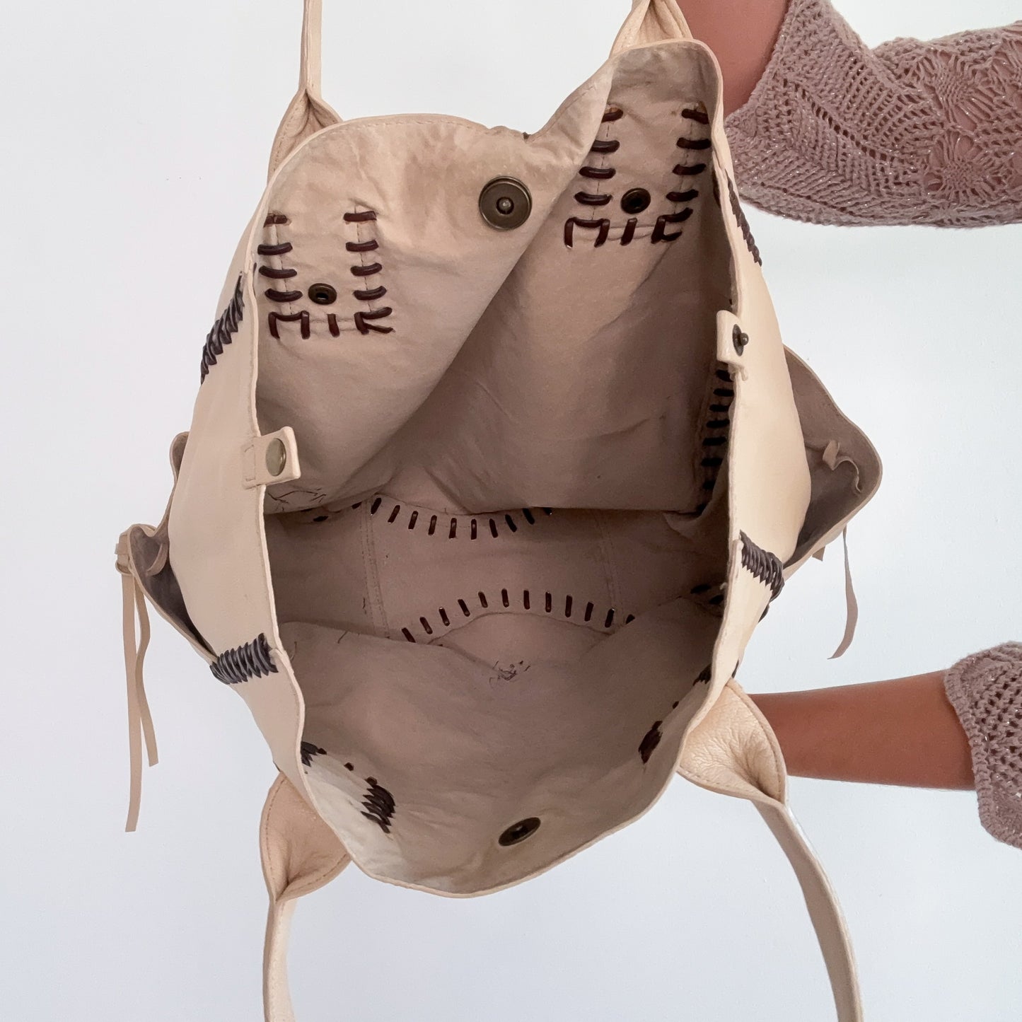 Y2K Cream & Brown Lace Up Leather Handbag