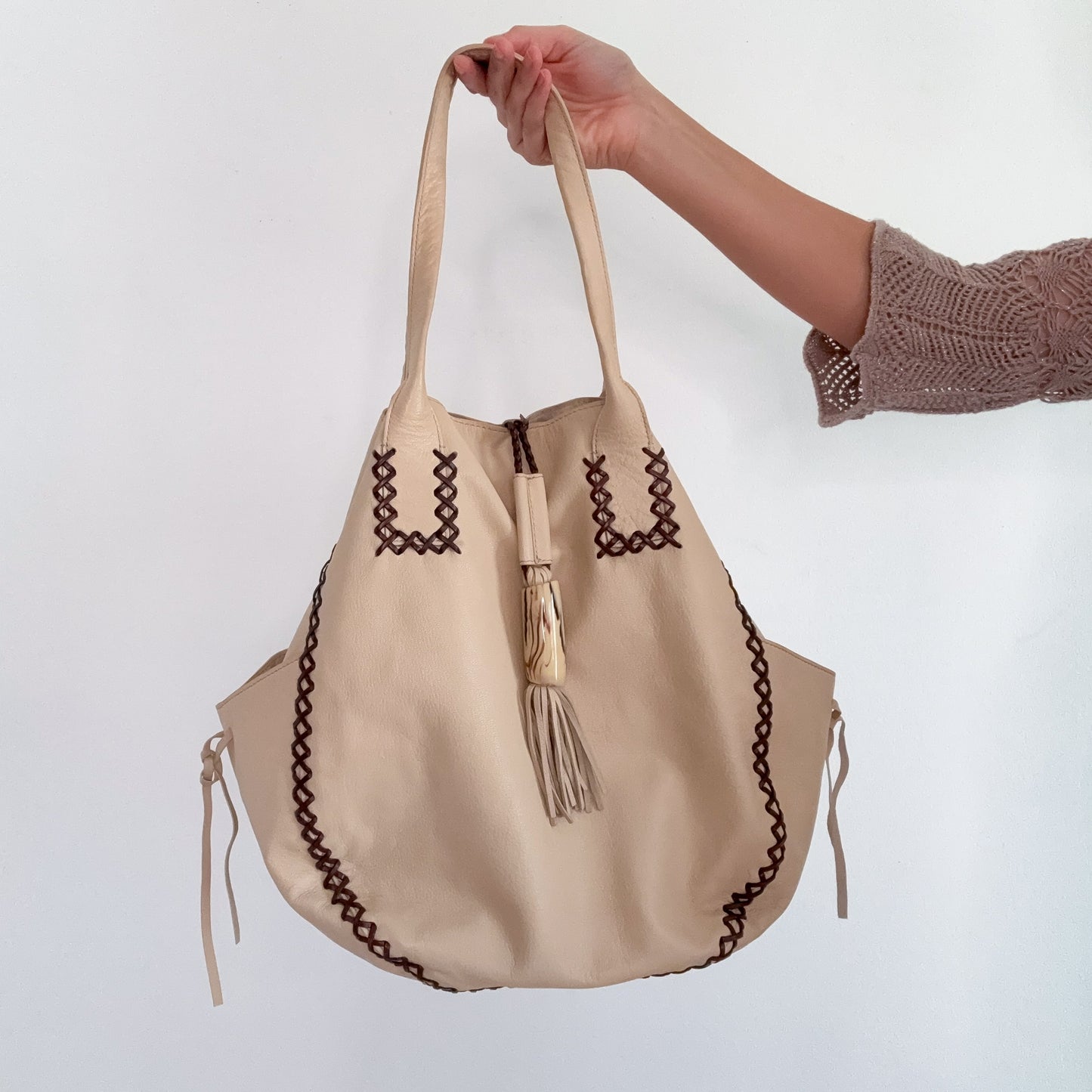Y2K Cream & Brown Lace Up Leather Handbag