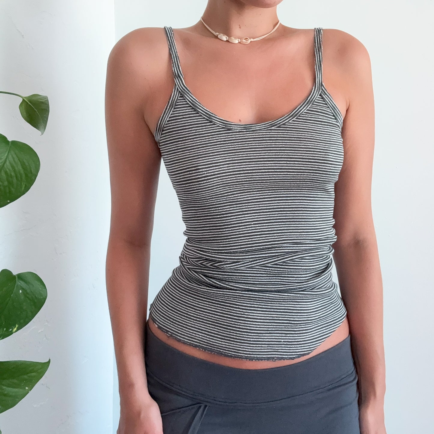 Y2K Grey Striped Long Tank / SZ S/M
