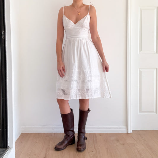 Y2K White Cotton Eyelet Midi Dress / SZ M