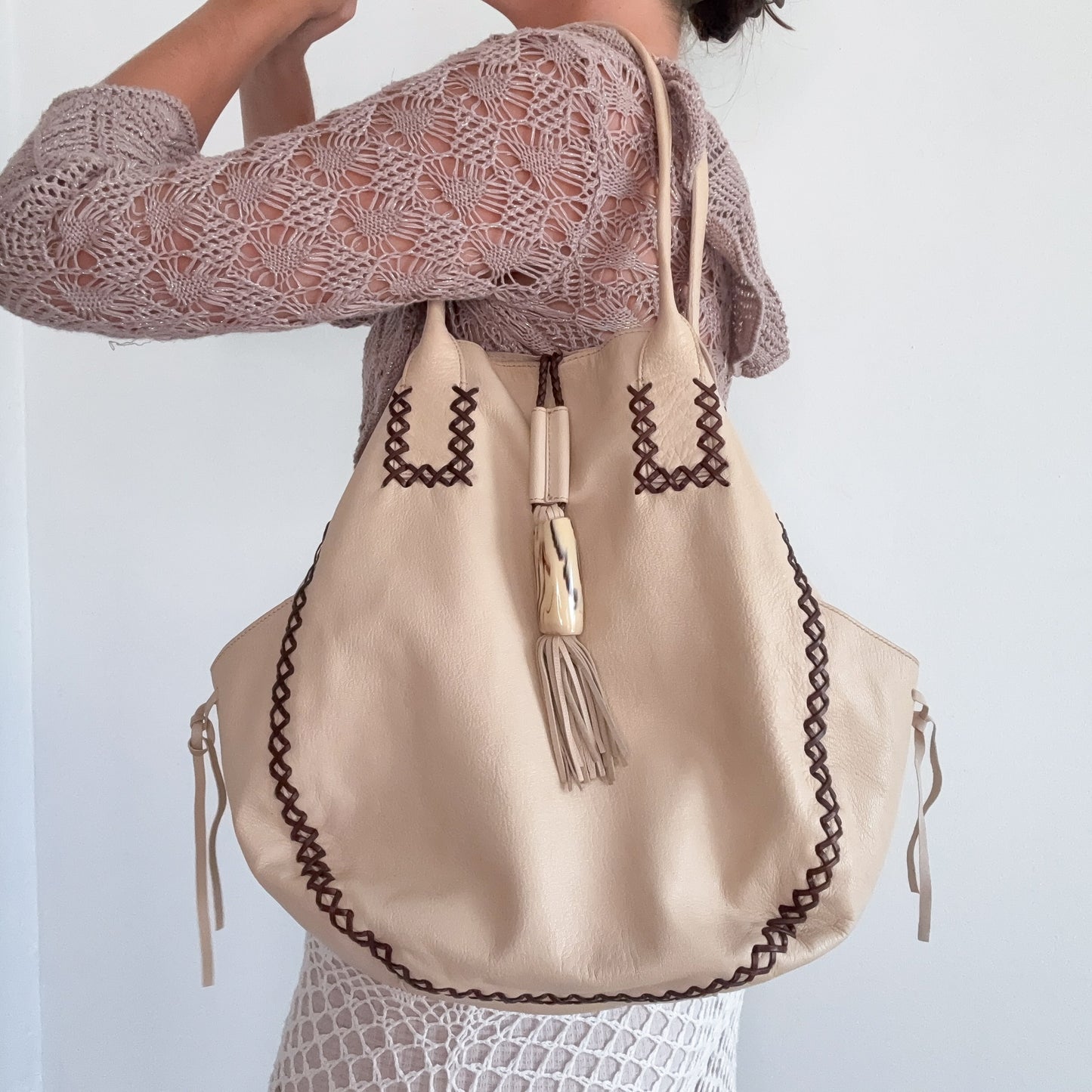 Y2K Cream & Brown Lace Up Leather Handbag