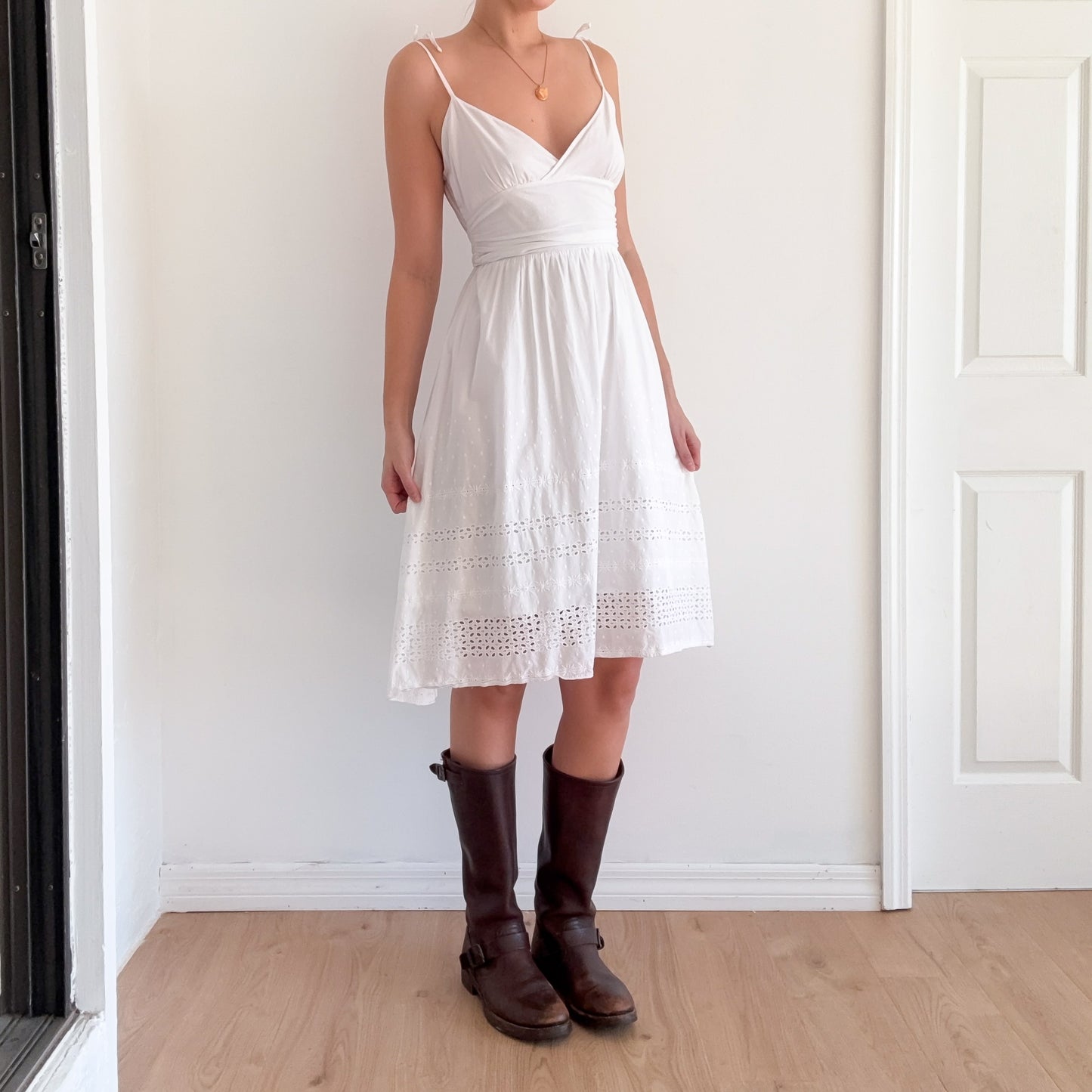 Y2K White Cotton Eyelet Midi Dress / SZ M