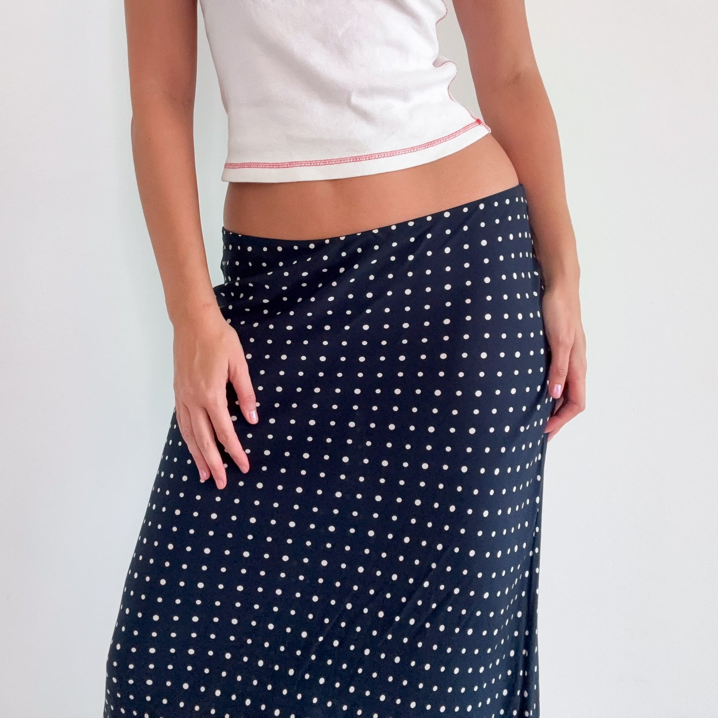 Contemporary Navy Polka Dot Rayon Midi Skirt / SZ L/XL