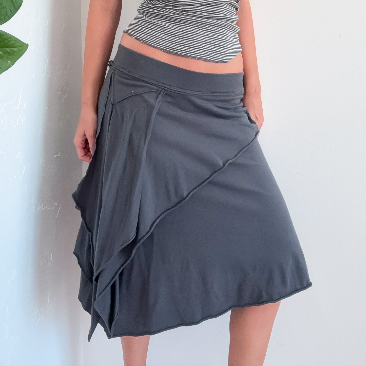 Y2K Dark Grey Cotton Drapey Midi Skirt / SZ S-M