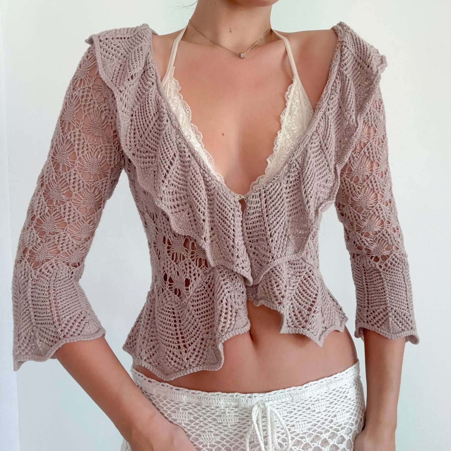 Y2K Taupe Metallic Knit Ruffle Cardigan / SZ XS-S