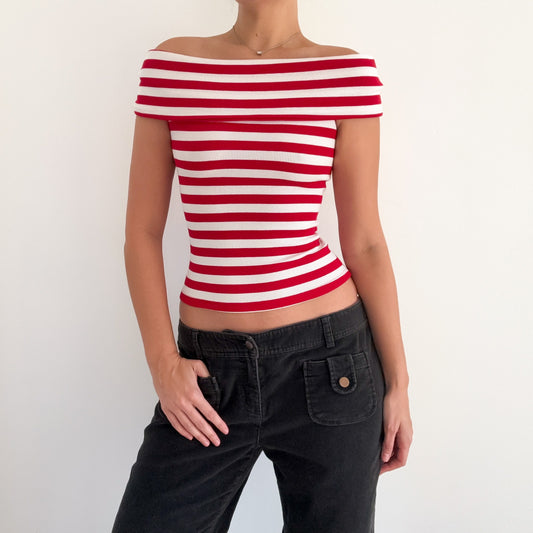 Y2K Red & White Striped Off the Shoulder Top / SZ XS-S