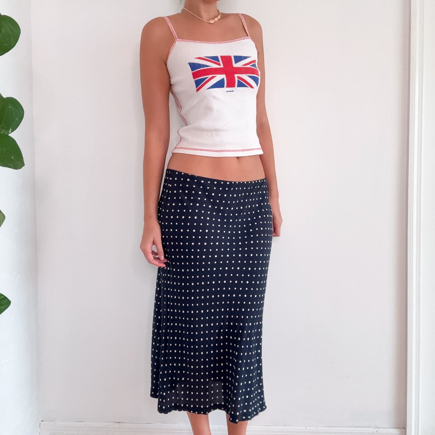 Contemporary Navy Polka Dot Rayon Midi Skirt / SZ L/XL