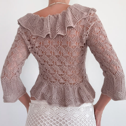 Y2K Taupe Metallic Knit Ruffle Cardigan / SZ XS-S