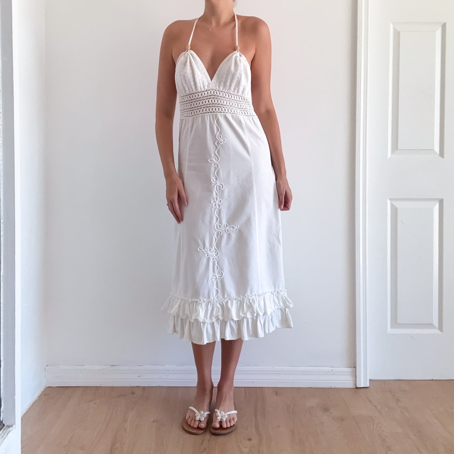Y2K White Cotton Halter Sundress / SZ M/L