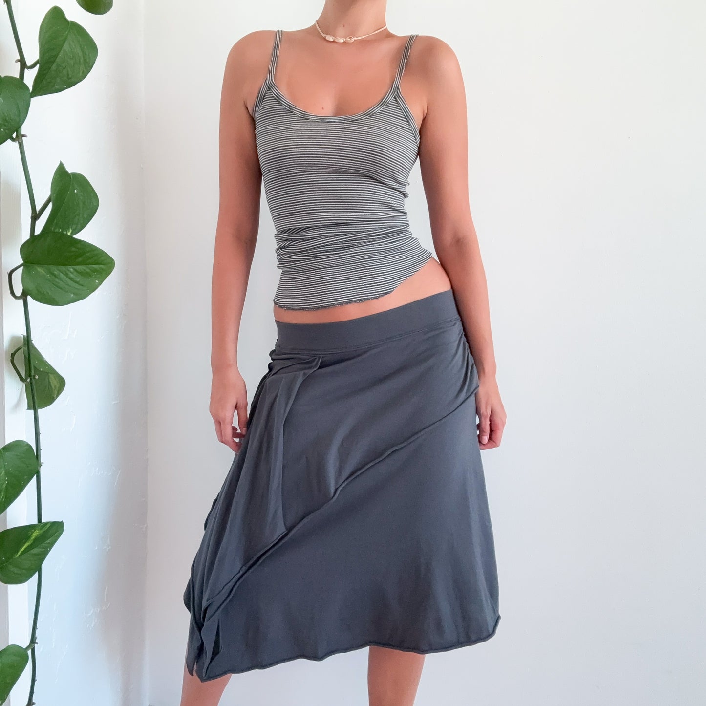 Y2K Dark Grey Cotton Drapey Midi Skirt / SZ S-M