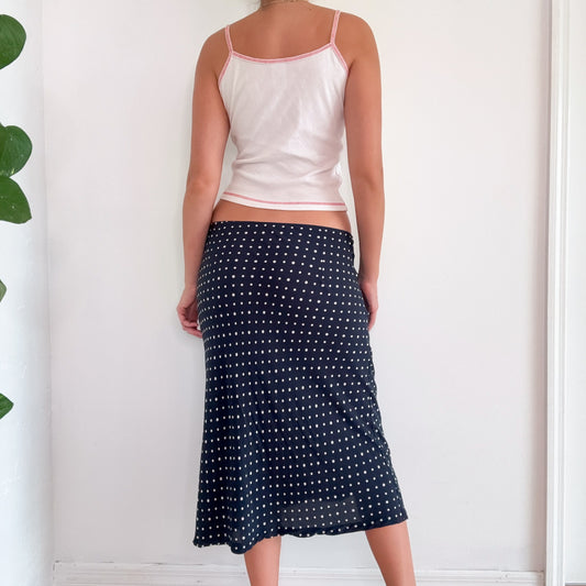 Contemporary Navy Polka Dot Rayon Midi Skirt / SZ L/XL