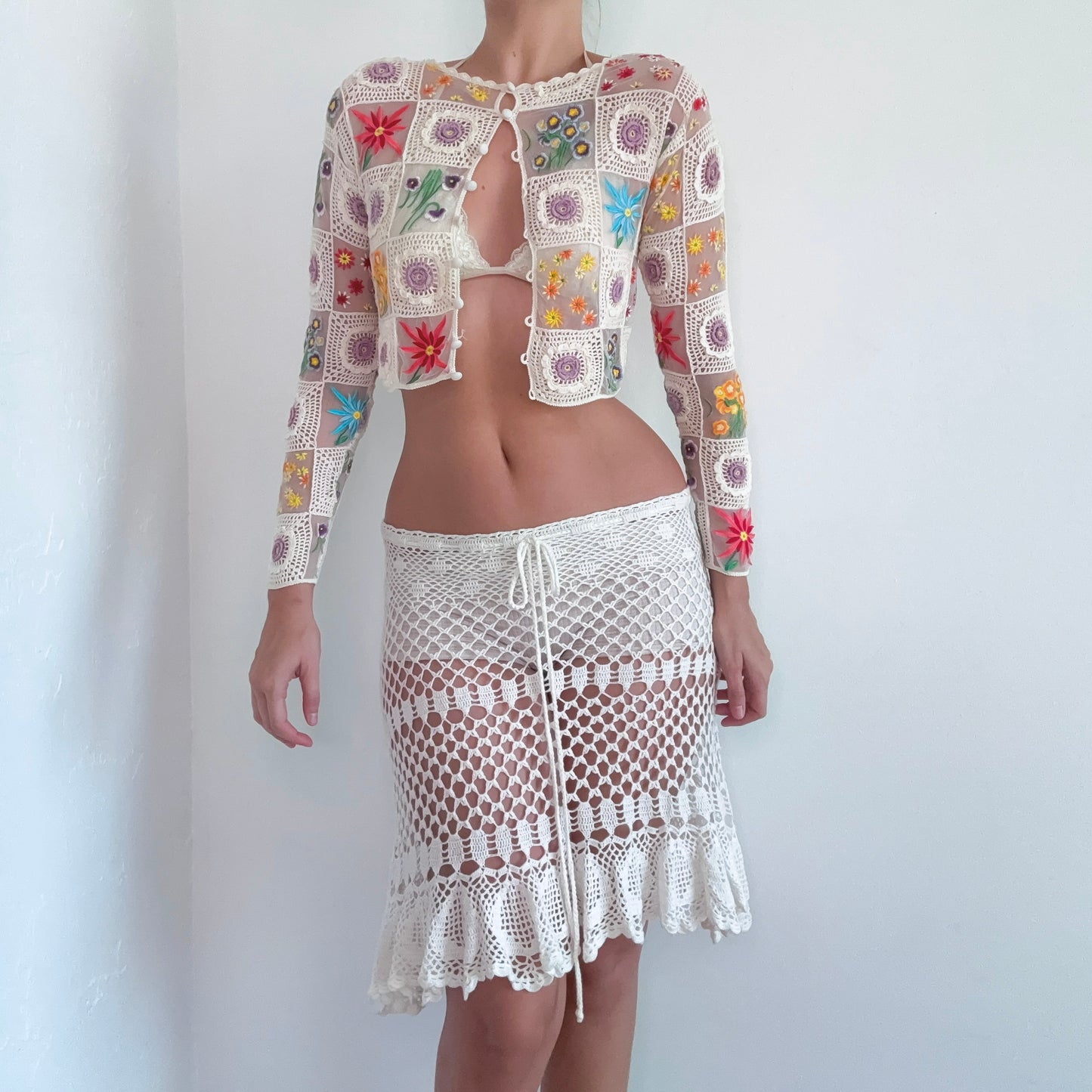 90's Moschino Cream Multi Crochet Embroidered Cardigan / SZ S