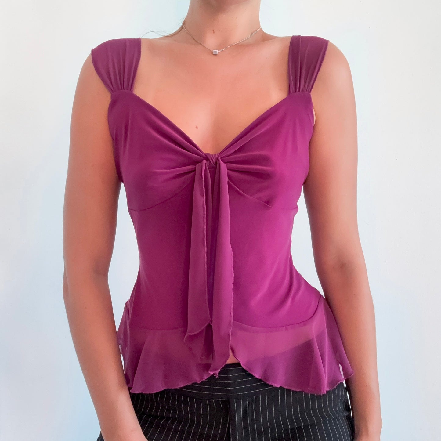 Y2K Purple Tie Flutter Top / SZ M
