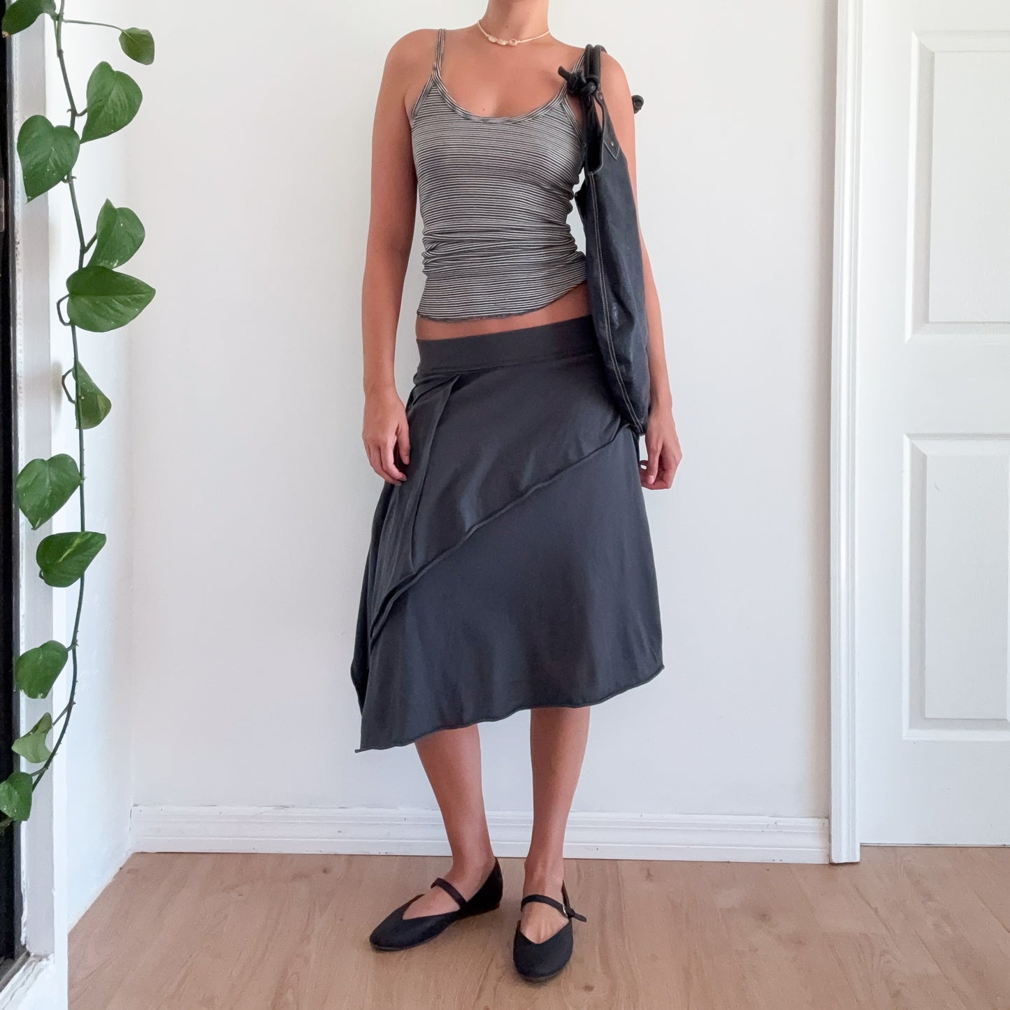 Y2K Dark Grey Cotton Drapey Midi Skirt / SZ S-M