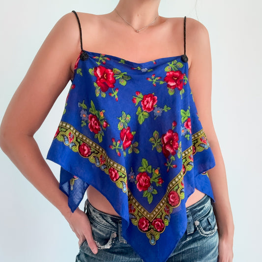 Y2K Royal Blue Floral Scarf Top / SZ S