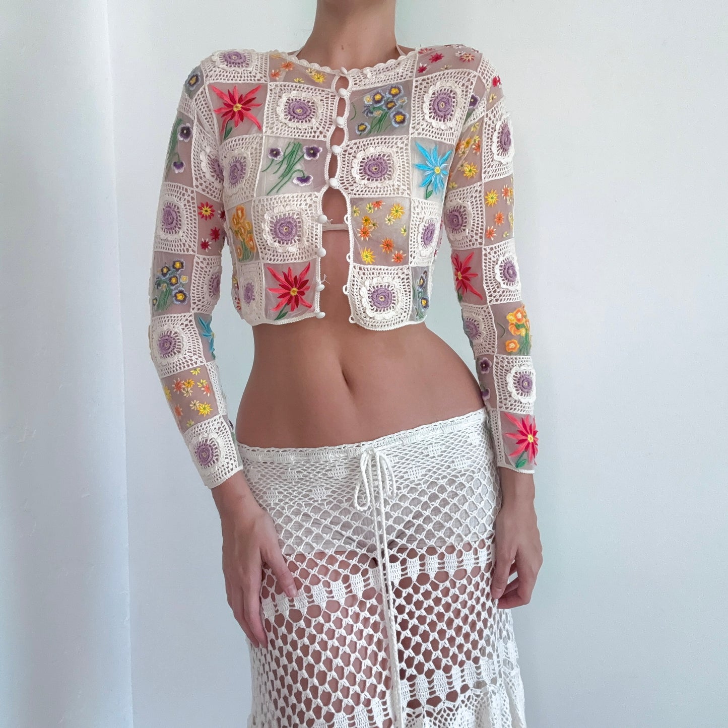 90's Moschino Cream Multi Crochet Embroidered Cardigan / SZ S