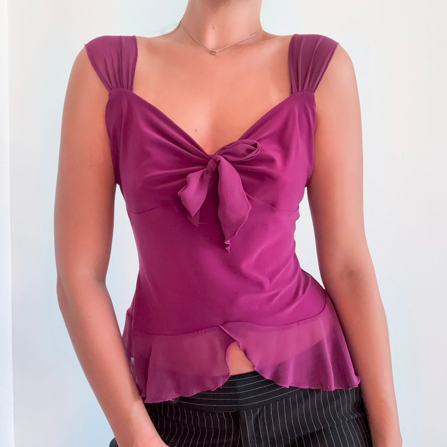 Y2K Purple Tie Flutter Top / SZ M