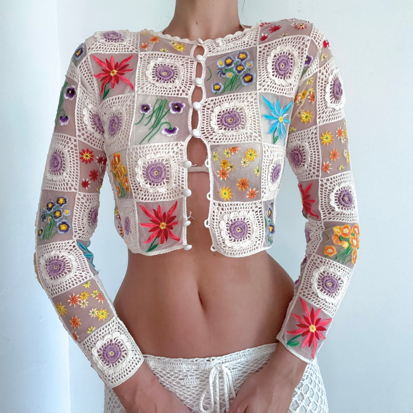90's Moschino Cream Multi Crochet Embroidered Cardigan / SZ S