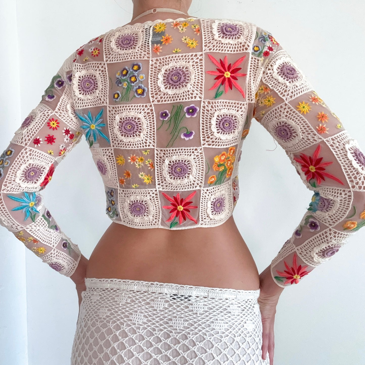 90's Moschino Cream Multi Crochet Embroidered Cardigan / SZ S