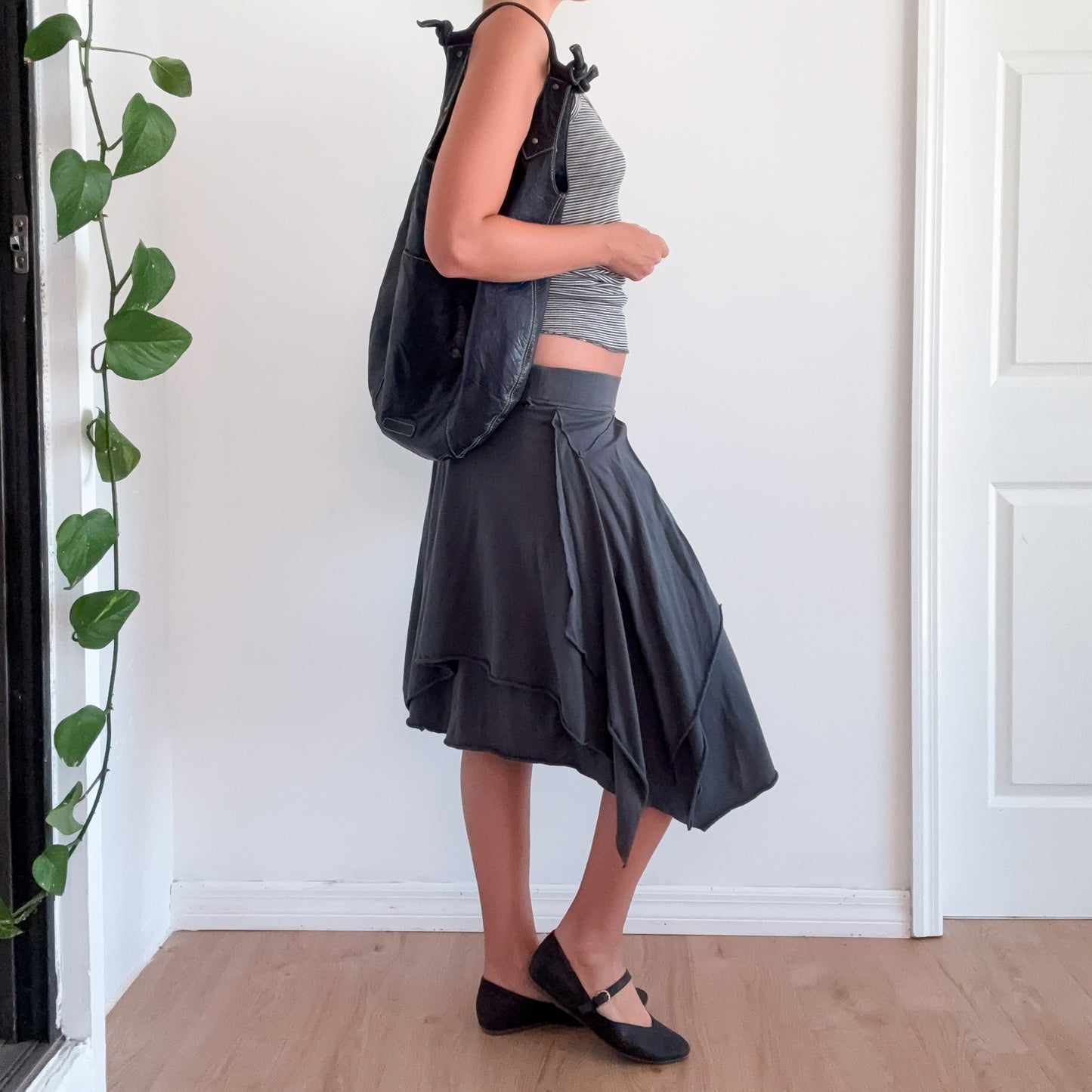Y2K Dark Grey Cotton Drapey Midi Skirt / SZ S-M