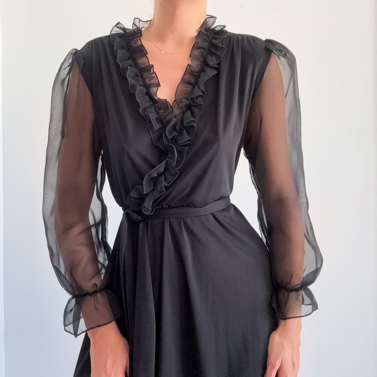 70's Black Balloon Sleeve Dress / SZ M