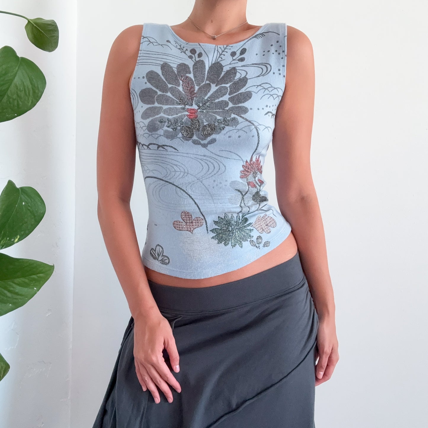 Y2K Powder Blue Printed Sparkle Knit Top / SZ M/L