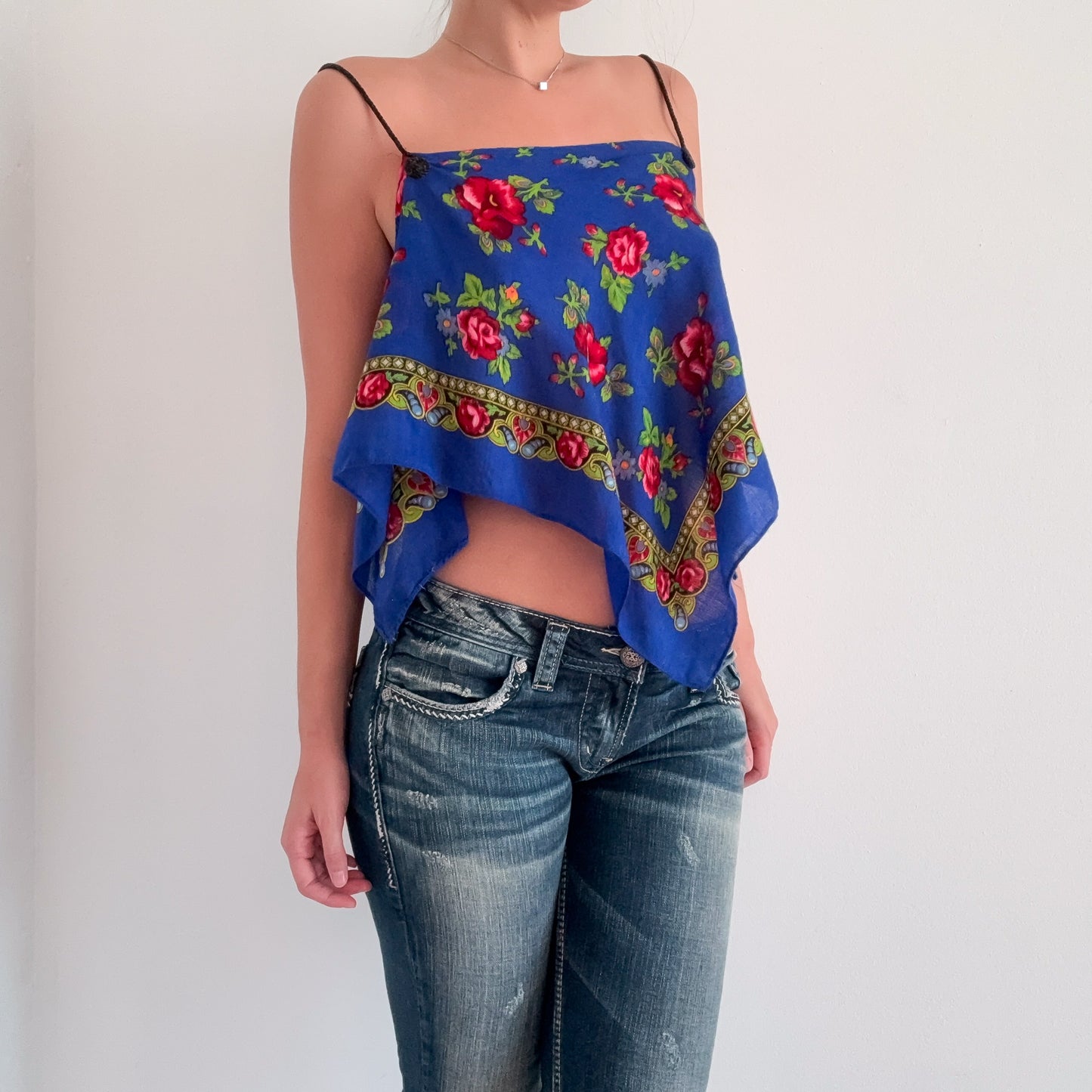 Y2K Royal Blue Floral Scarf Top / SZ S