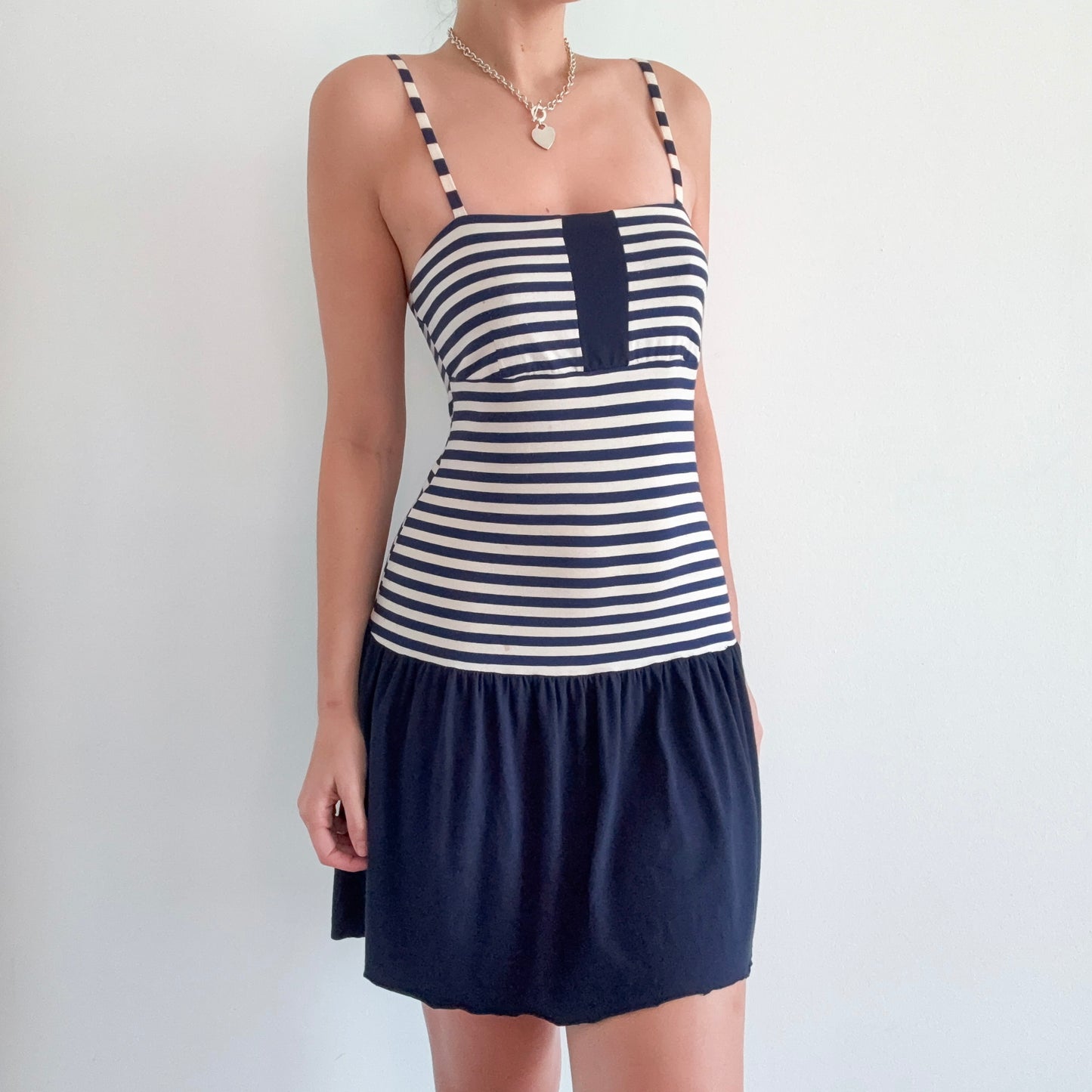 Y2K Navy & Cream Striped Drop Waist Dress / SZ M