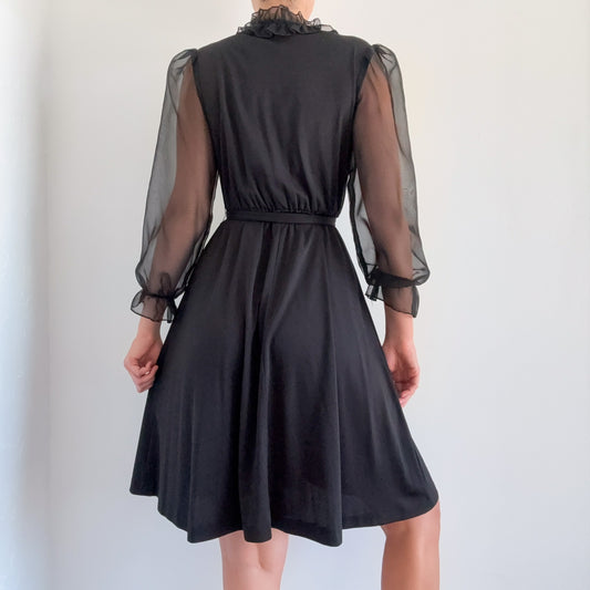 70's Black Balloon Sleeve Dress / SZ M