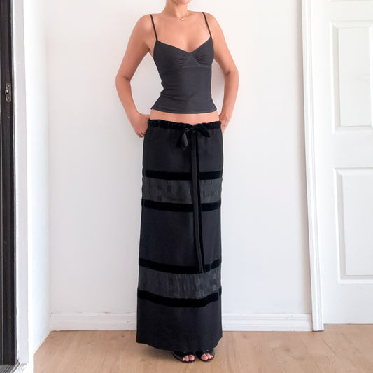 70's Black Wool Velvet Maxi Skirt / SZ S-M