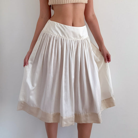 Y2K Vertigo Cream Silk Pleated Midi Skirt / SZ 4-8