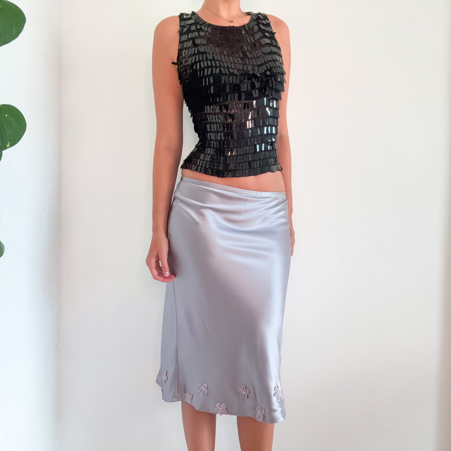 Y2K Grey Silk Flower Midi Skirt / SZ XS-S