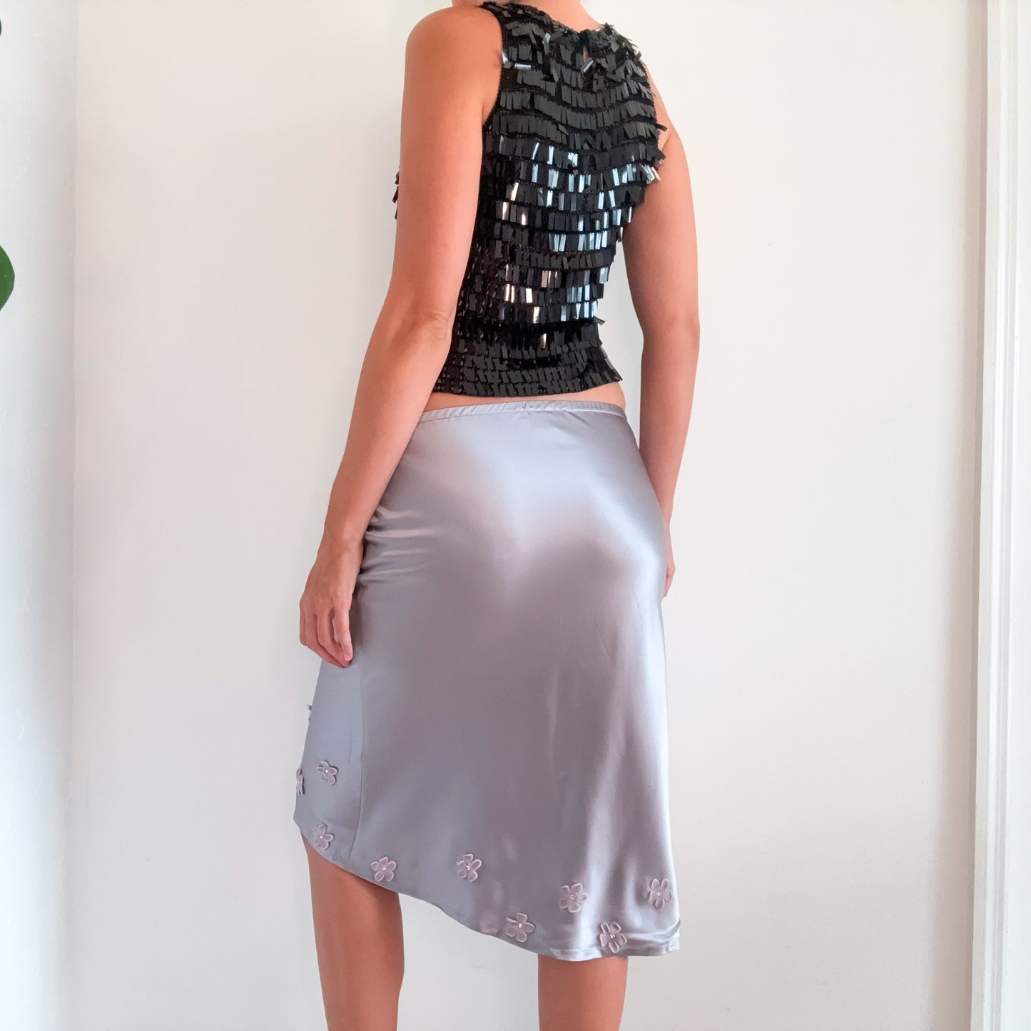 Y2K Grey Silk Flower Midi Skirt / SZ XS-S