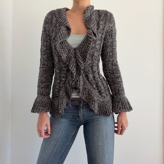 Y2K Black & Grey Sweater Ruffle Cardigan / SZ M