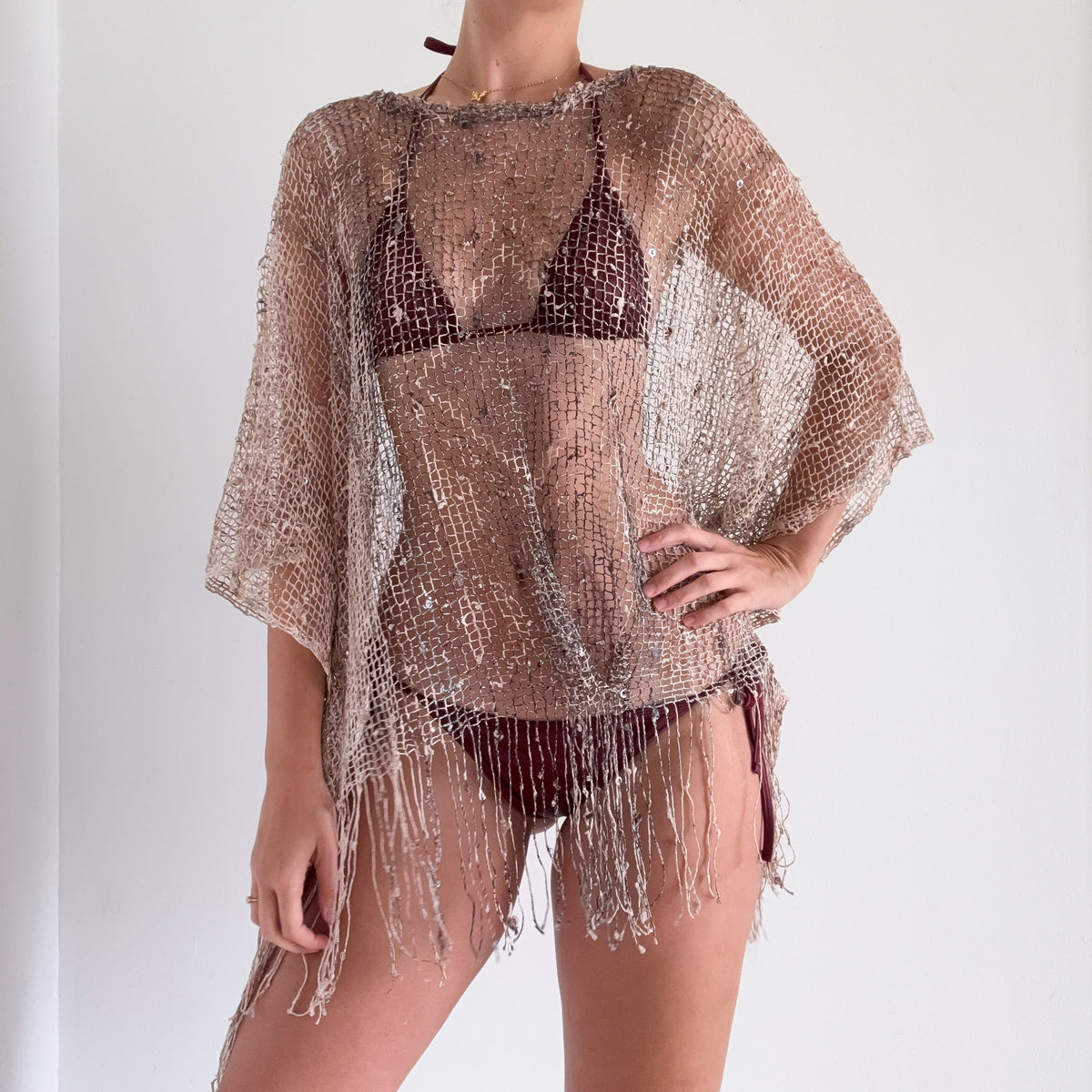 Y2K Ivory Multicolor Fringe Poncho / One Size