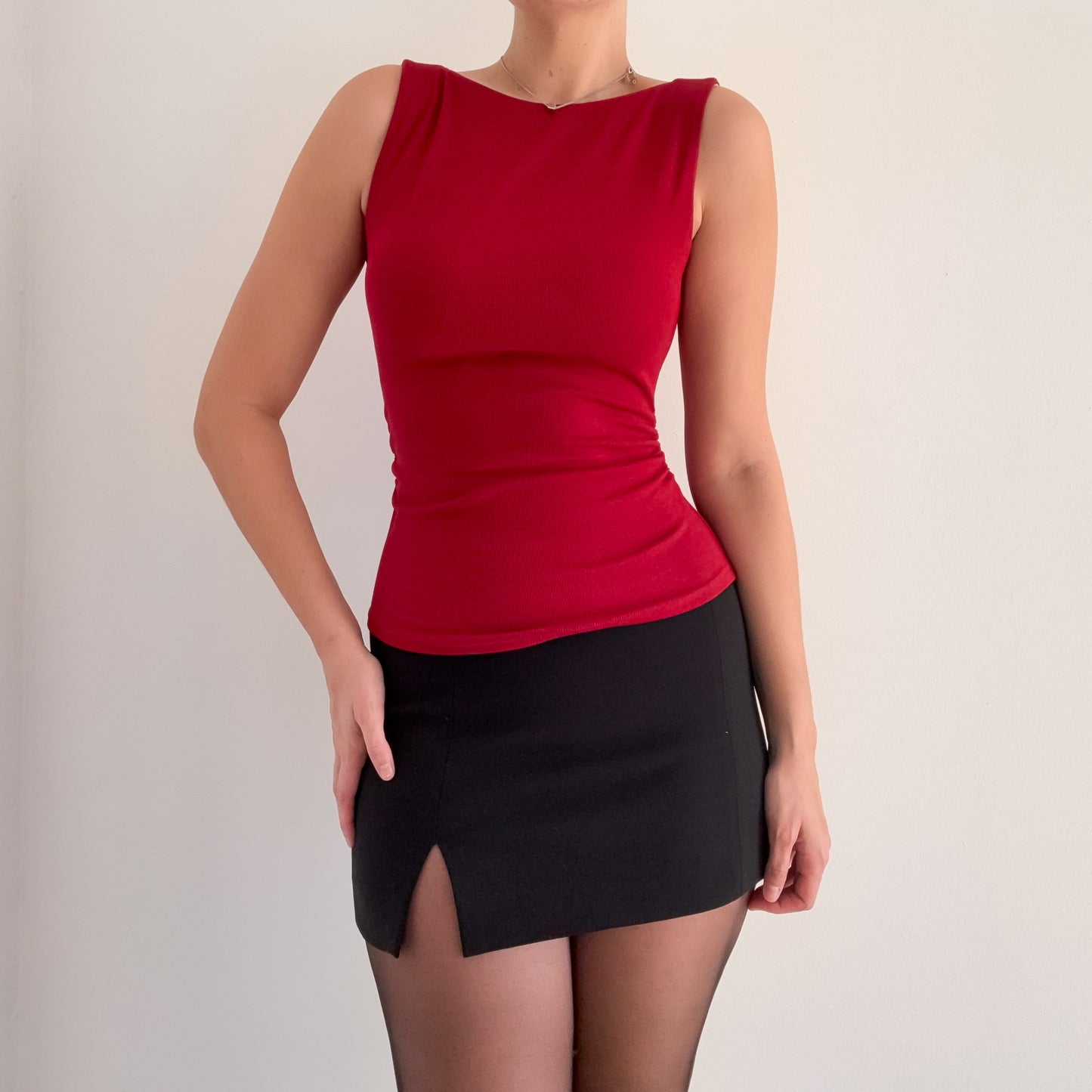 Contemporary Crimson Red Boat Neck Top / SZ S