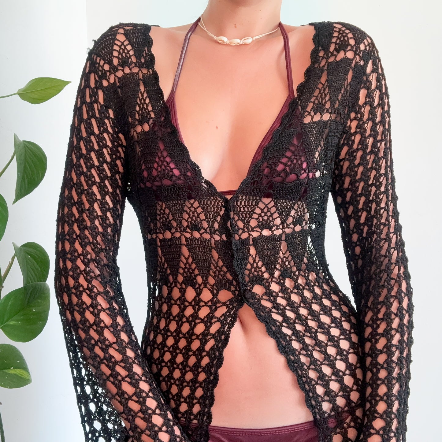 90's Black Crochet Long Duster / One Size