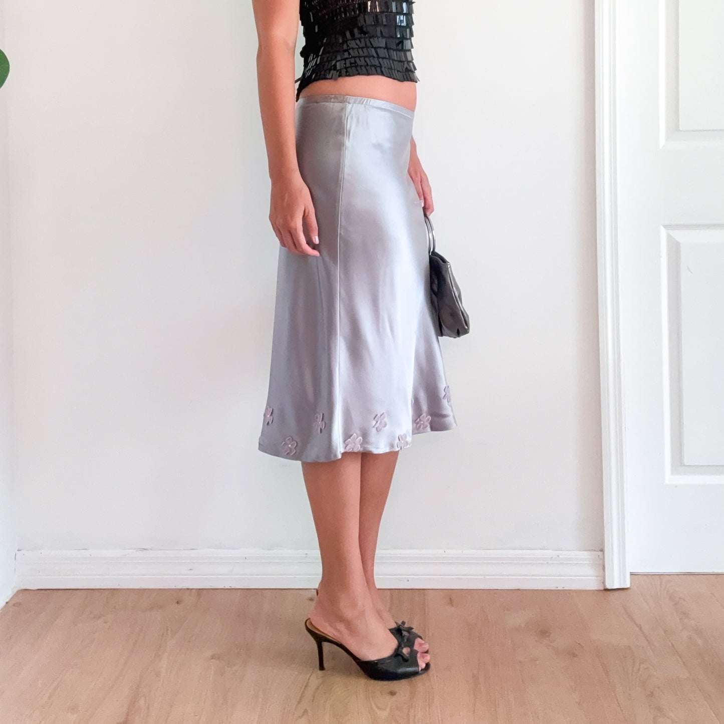 Y2K Grey Silk Flower Midi Skirt / SZ XS-S