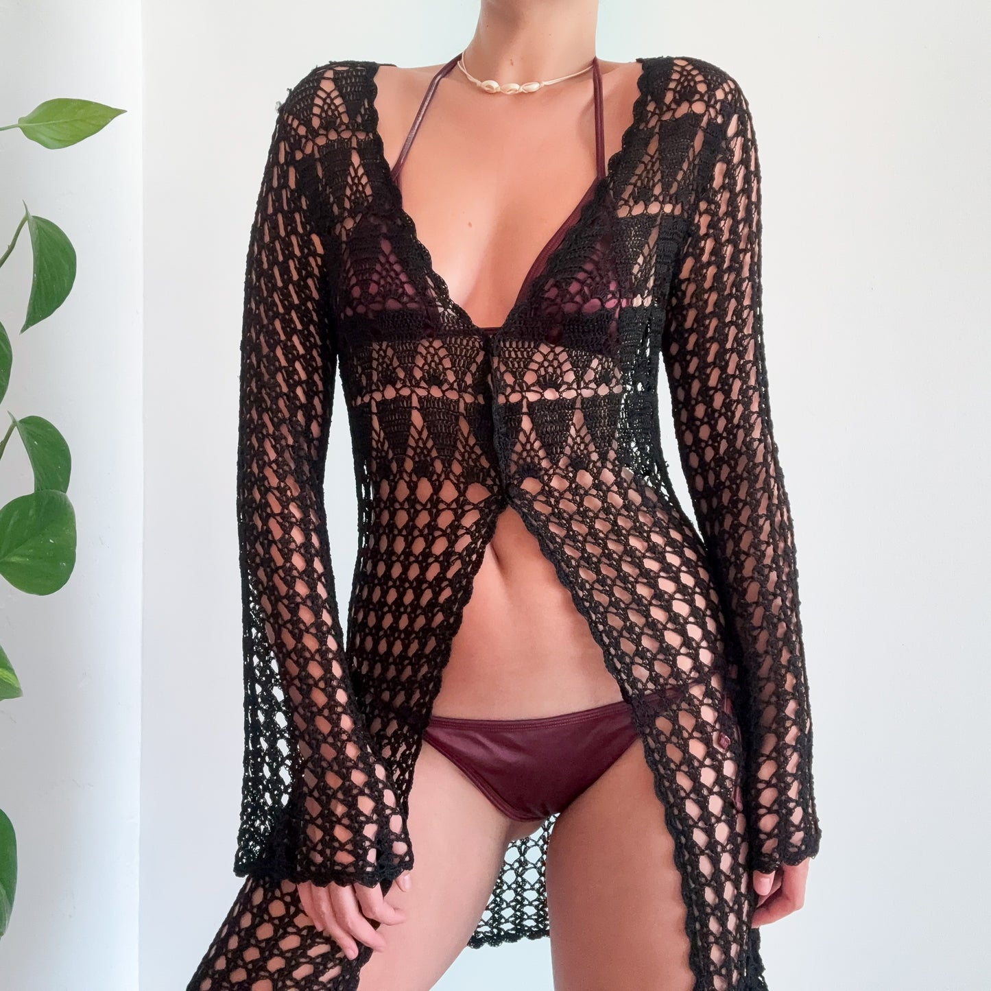 90's Black Crochet Long Duster / One Size