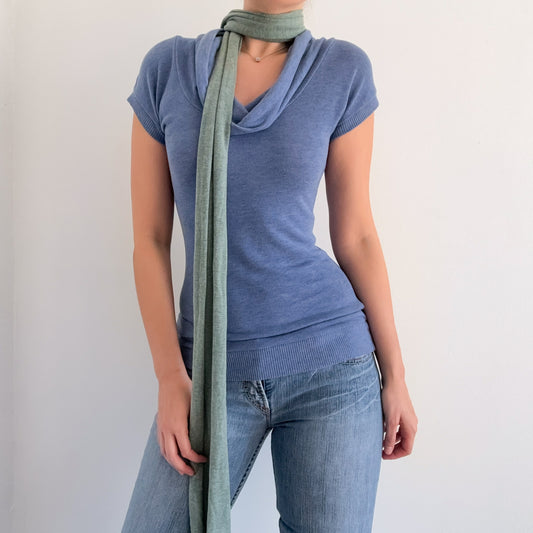 Y2K Blue Knit Cowl Neck Long Top / SZ M