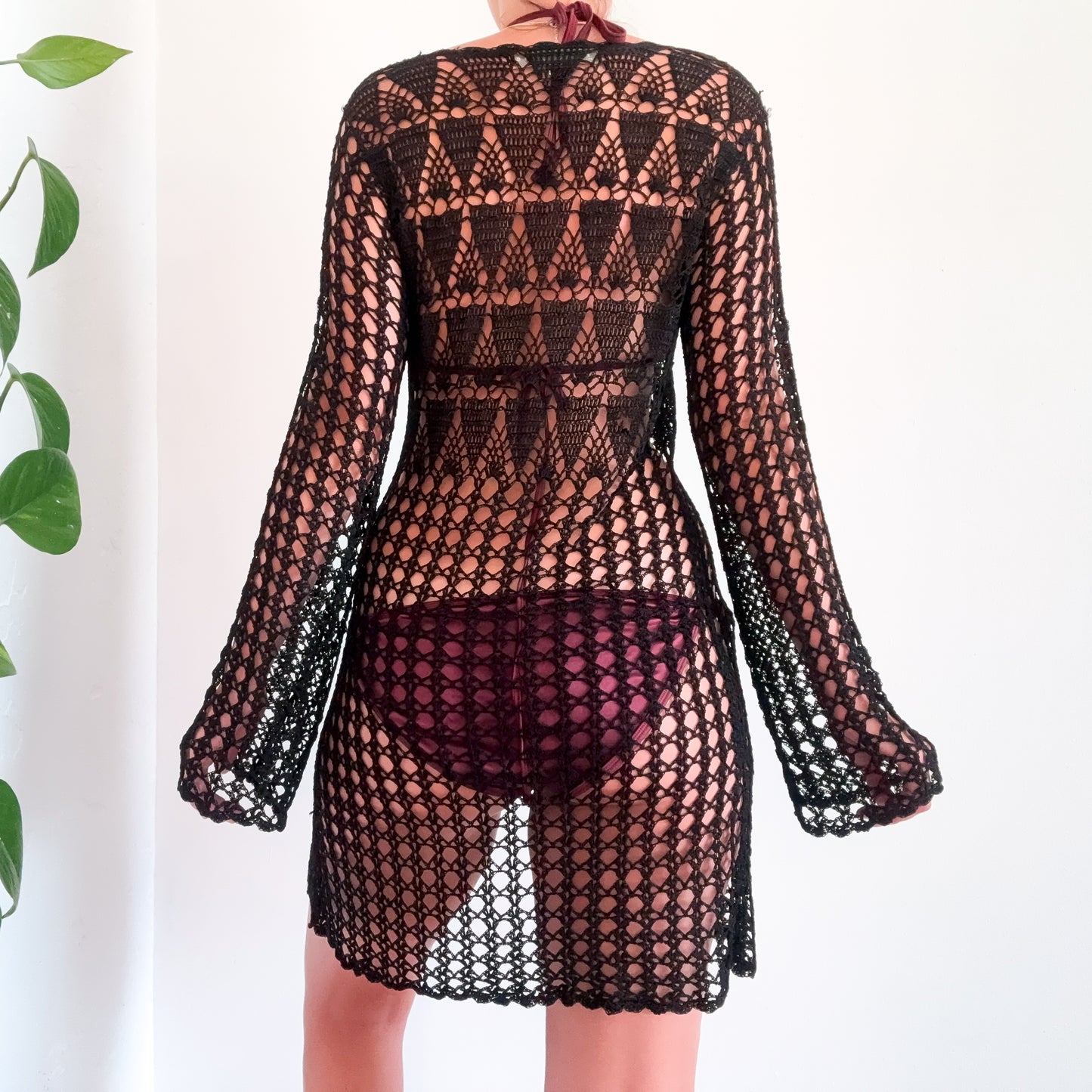 90's Black Crochet Long Duster / One Size