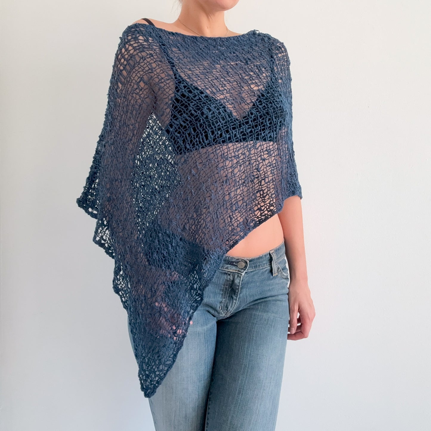Y2K Aegean Blue Knit Shawl Poncho / One Size