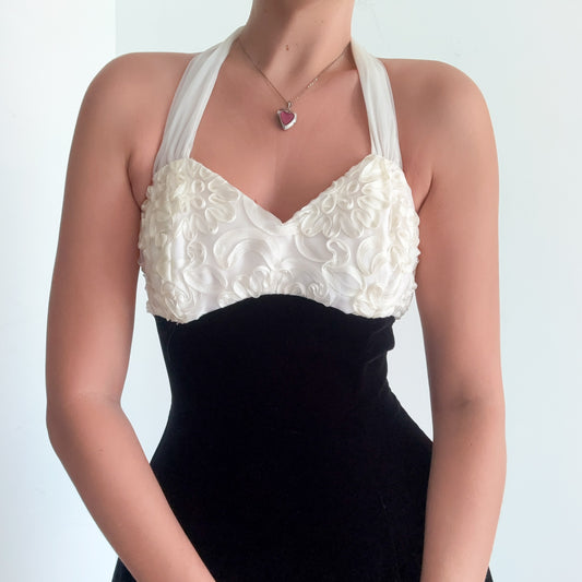 80's Black & Ivory Velvet Cocktail Dress / SZ 4