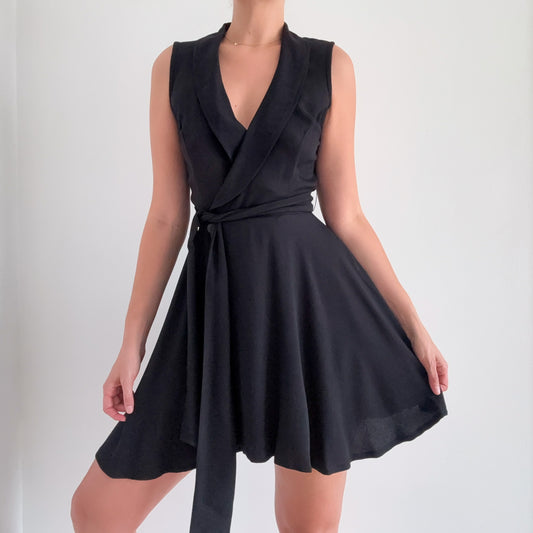90's Black Wrap Flare Mini Dress / SZ S-M