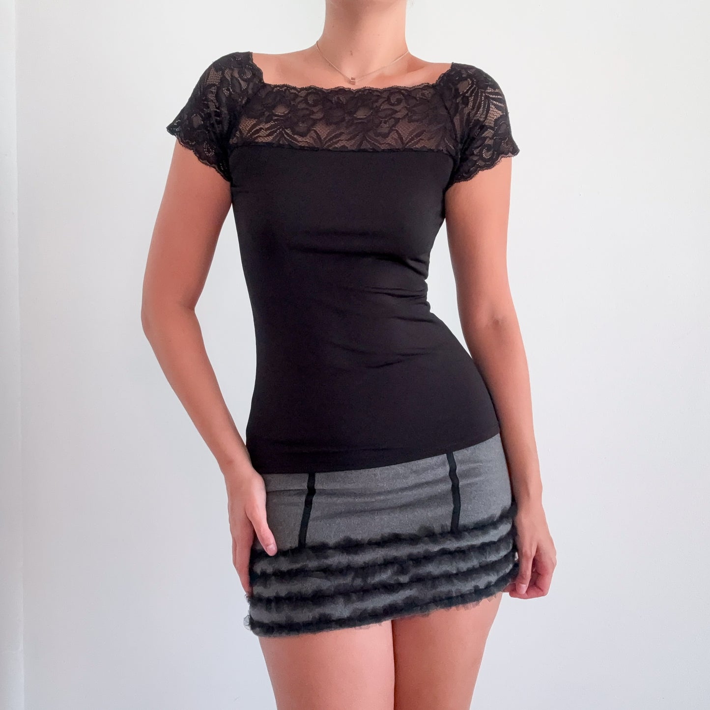 Y2K Black High Neck Lace Top / SZ S